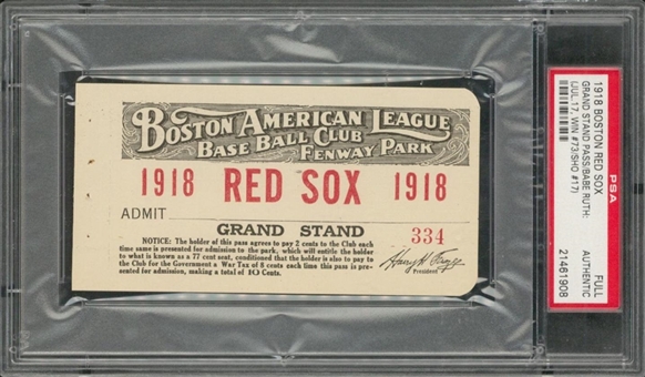 1918 Boston Red Sox Full Grand Stand Pass - Babe Ruth July 17th, Win # 73 (SHO #17) (PSA)